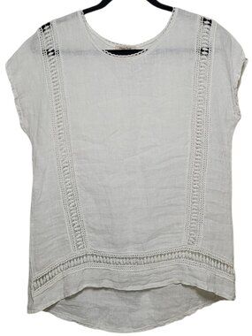 Alessia Pacini White Lace Trim High Low Top 100% Linen Blouse Small Coastal